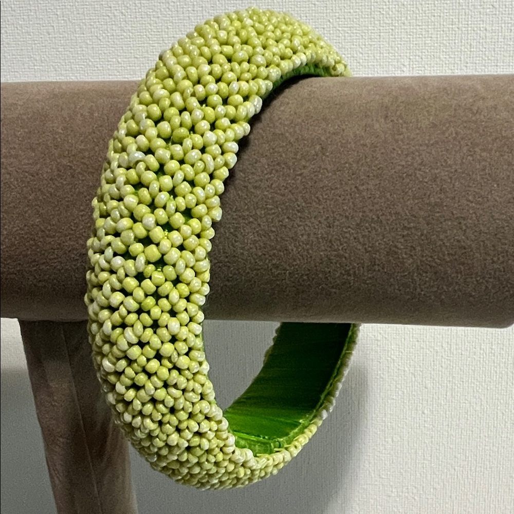 Handmade Lime Green Seed Bead Bangle Bracelet w/Satin Ribbon Liner Vintage 80’s